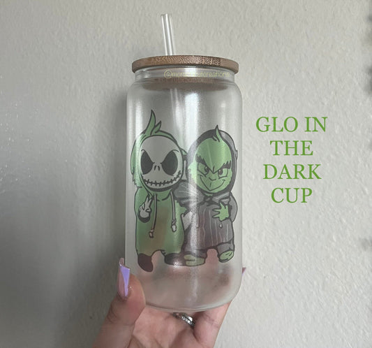 Glow in the dark cup, grinch cup, spooky season cup, jack and grinch, Halloween Christmas, nightmare before grinchmas