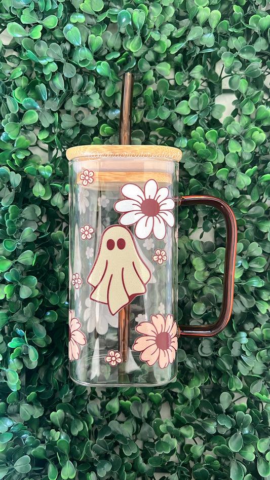 Boho ghost cup, Glass cup with handle, ghost cup design, spooky season, glass cup with lid, gift for her, gift ideas, flower, flower cup wra